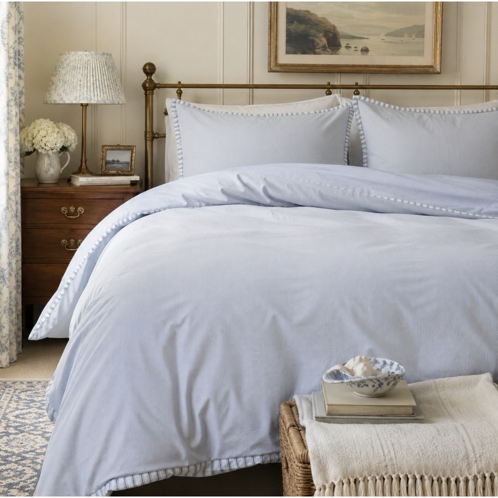 West Elm Organic Cotton Stripe Duvet Cover Full Queen Kyoto Blue + 2 Shams